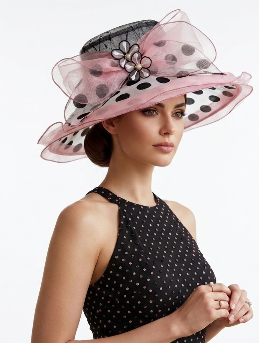 Beloved Millinery Gorgeous Pink Black Organza Polka Dot Hat